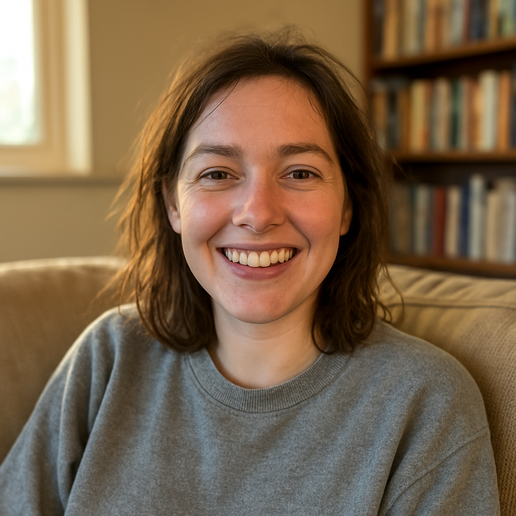 Emma Richards smiling in her living room after passing her HSK 3 exam