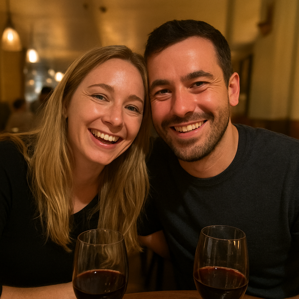Sarah and James smiling together at a restaurant during date night