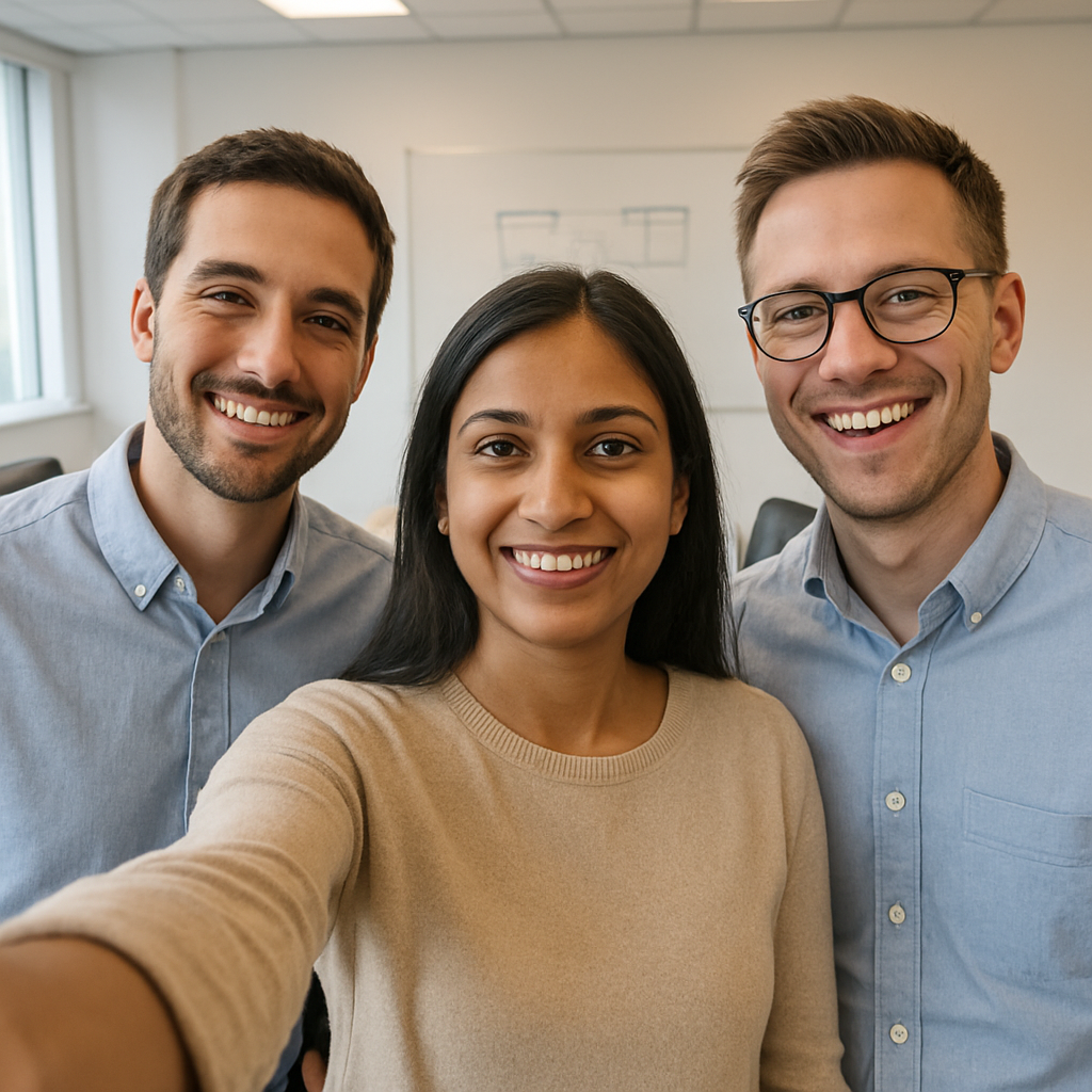 Tom, Alex and Priya taking a selfie together in their office